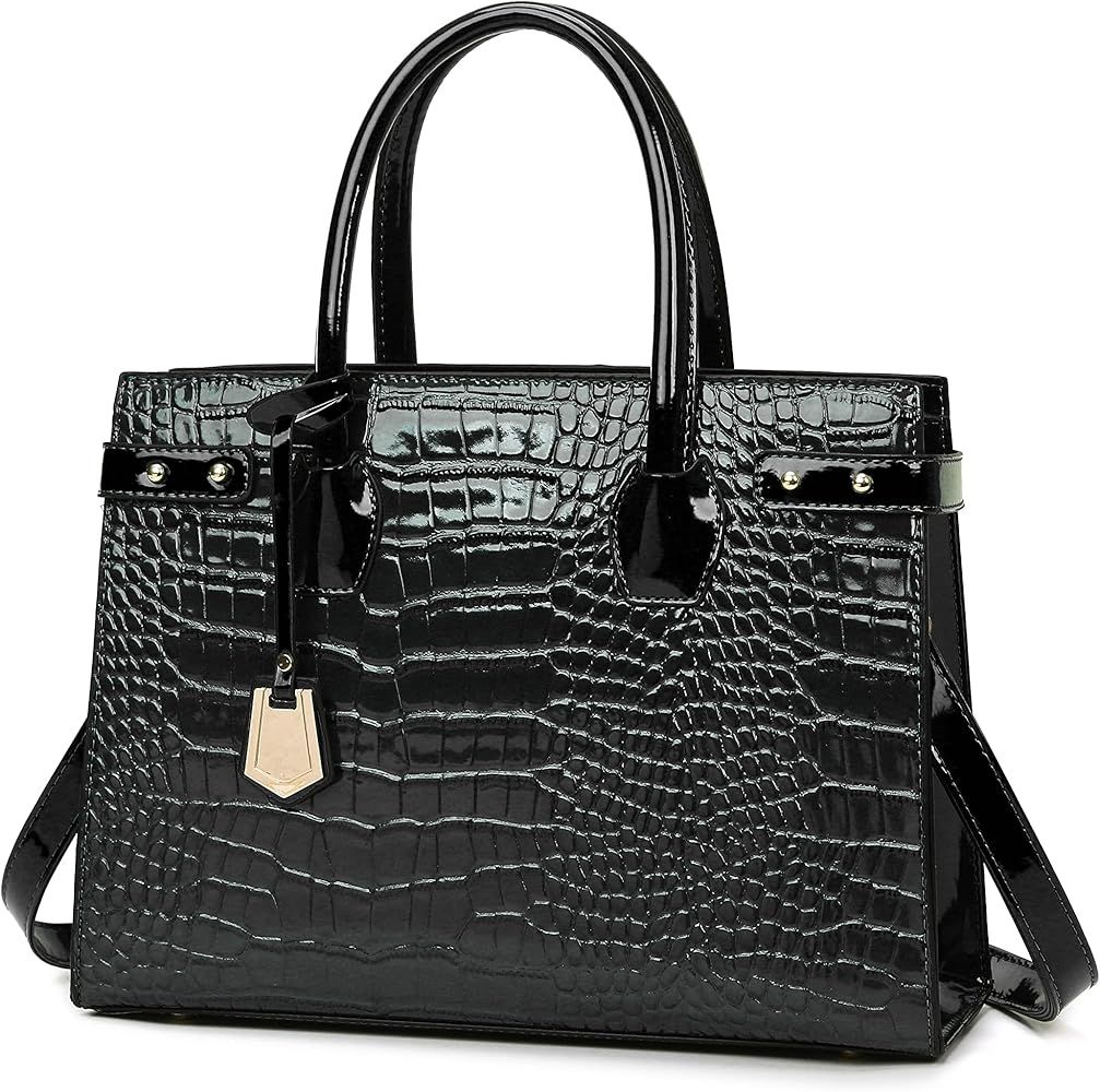 Vintage Leather Satchel Handbags for Women, Ladies Crocodile Pattern Top-Handle Large Shoulder Ba... | Amazon (US)