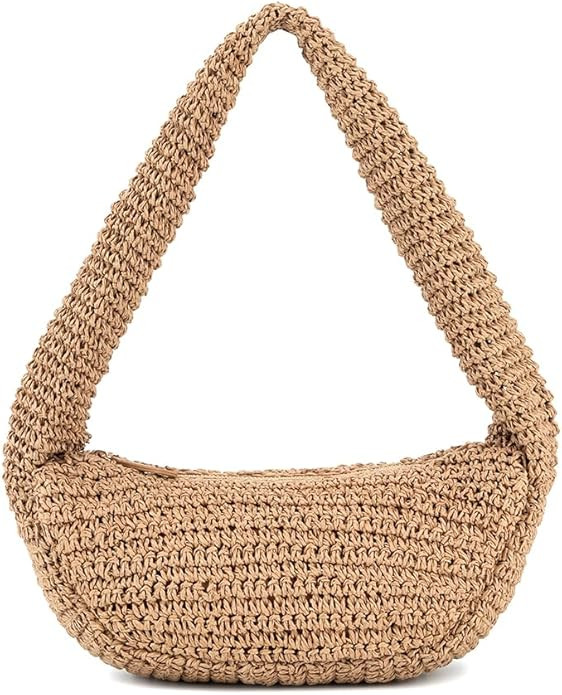 Crochet Straw Bag Summer Beach Bag for Women, Woven Hobo Shoulder Bag, Half Moon Tote Purse with ... | Amazon (US)
