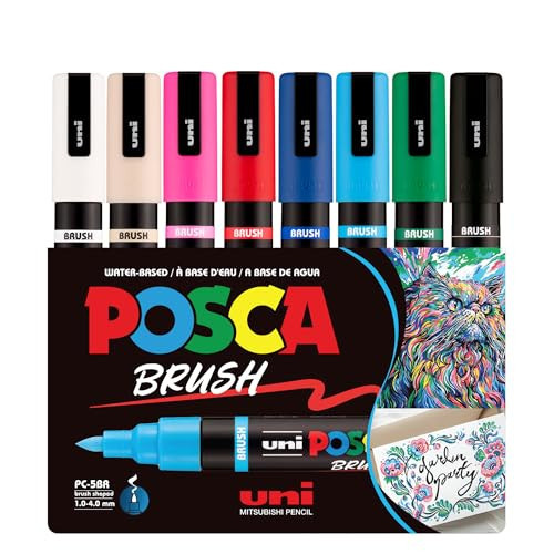 POSCA PC-5BR Water-Based Paint Markers, Reversible Brush Tip (1.0-4.0mm), Assorted Colors, 8 pack | Amazon (US)