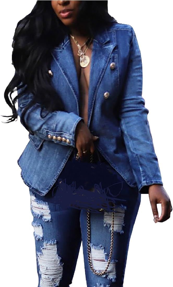 Molsiry Women Casual Denim Jacket Long Sleeve Work Double Breasted Jean Blazer Peplum Coat 2023 | Amazon (US)