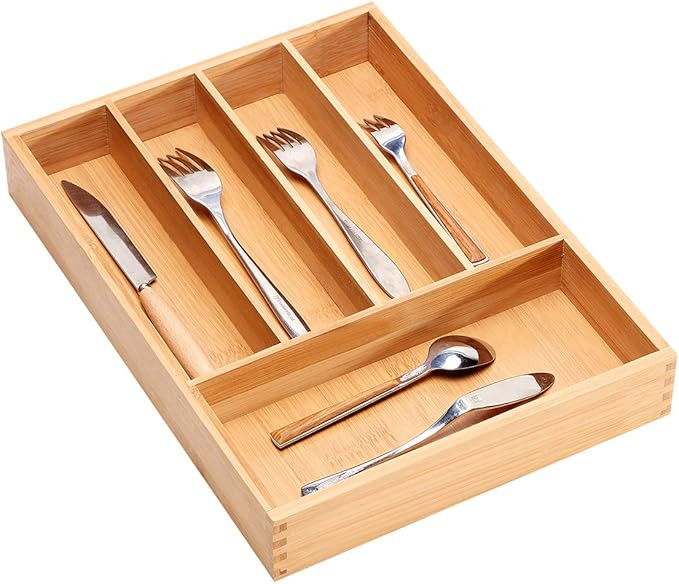 Bamboo Cutlery Tray Kitchen Utensil Silverware Flatware Drawer Organizer Dividers with 5 Compartm... | Amazon (US)