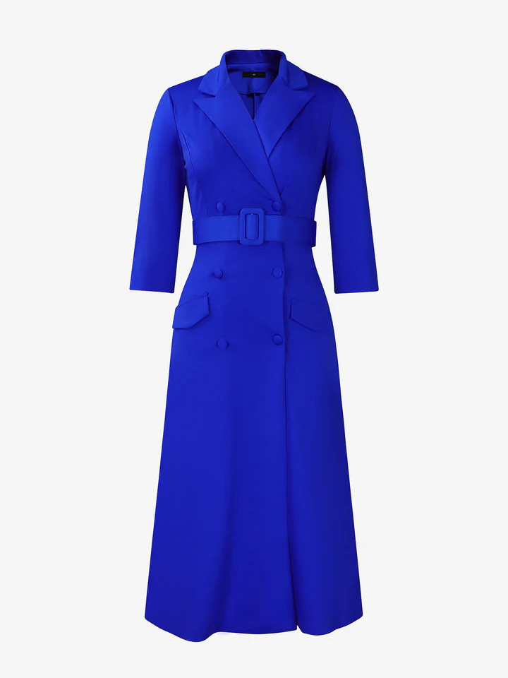 Notched Lapel Double-breasted Belted Midi Dress | allegra-k