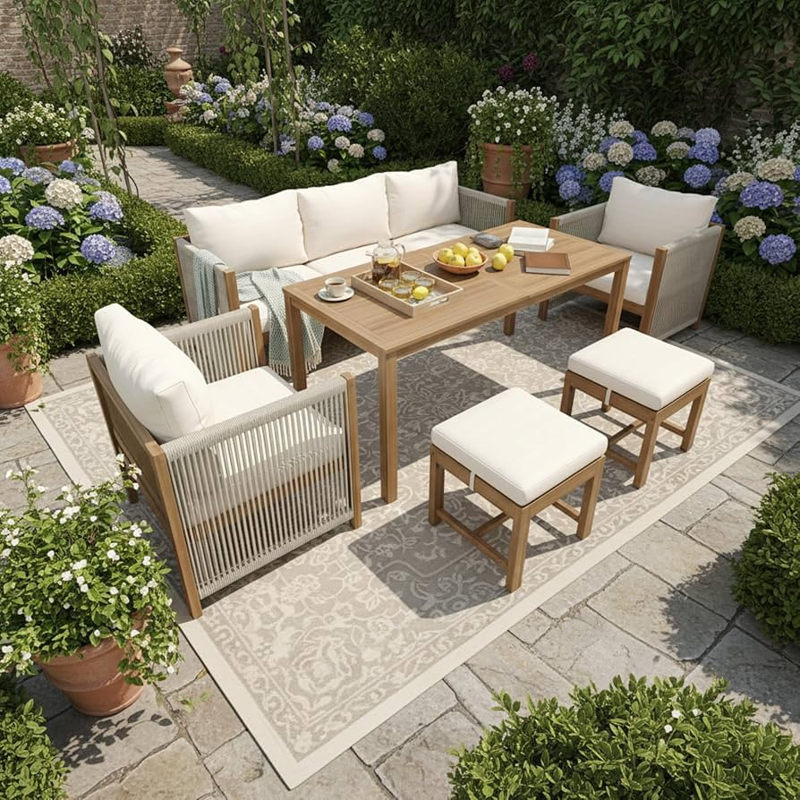 ModernLuxe 7 Seater Garden Furniture Set, Garden Table and Chairs Set with Rope Weave and Acacia ... | Amazon (UK)