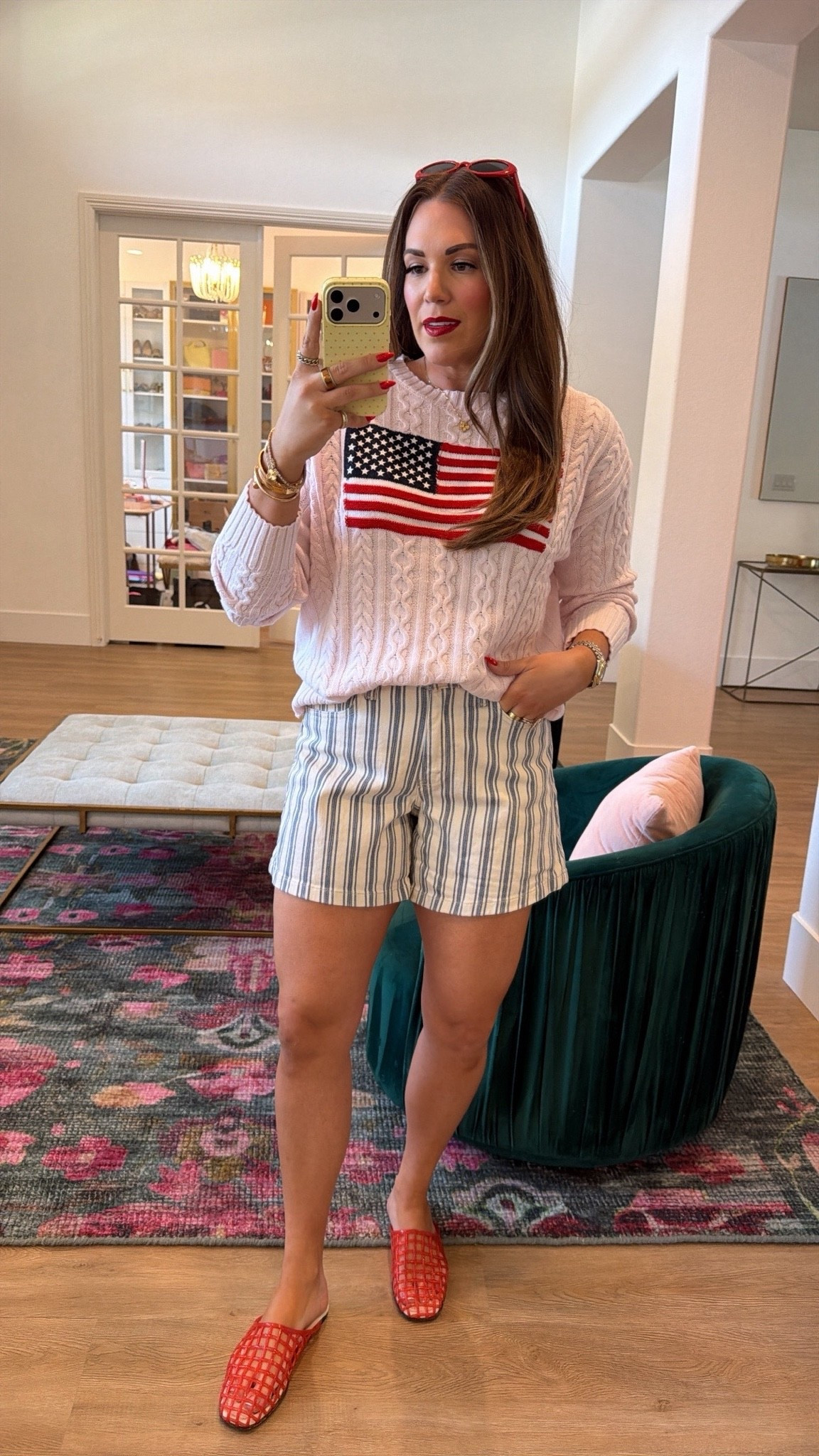 curvy midsize american flag outfit for memorial day! wearing size medium in blush flag sweater (runs big!) and size 30 in blue striped shorts

#LTKSeasonal #LTKMidsize