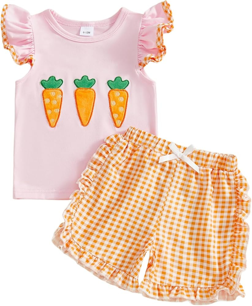 Infant Toddler Baby Girl 4th of July Outfit Bow Embroidery Ruffle Short Sleeve T-Shirt Top and Pl... | Amazon (US)