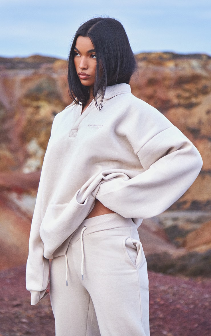 Oatmeal Embroidered Oversized Fit Collar Sweatshirt | PrettyLittleThing US