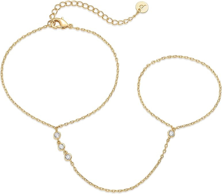 PAVOI 14K Yellow Gold Plated Hand Chains Bracelet for Women | Dainty Cubic Zirconia Bracelet and ... | Amazon (US)