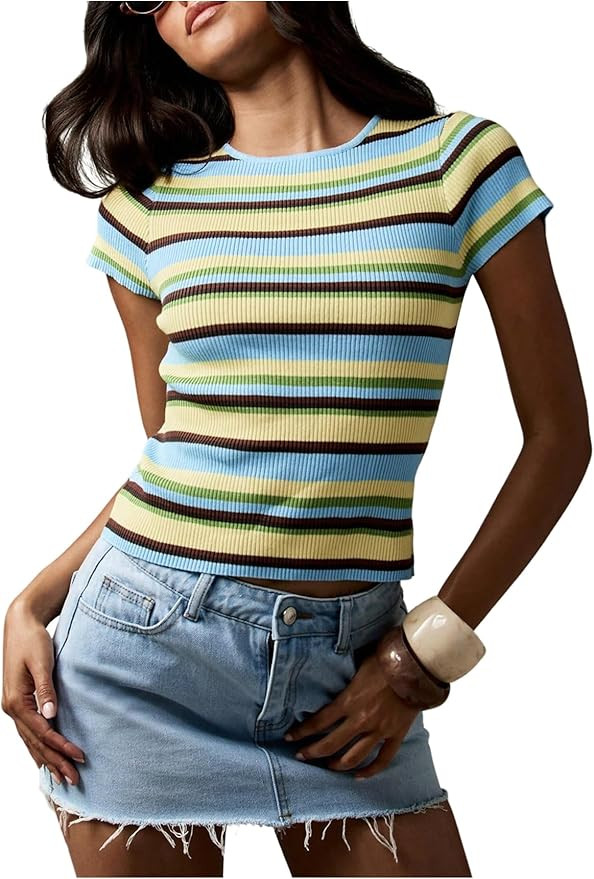 OYOANGLE Women's Color Block Striped Short Sleeve Ribbed Tee Shirts Crew Neck Fitted Knit Tops | Amazon (US)