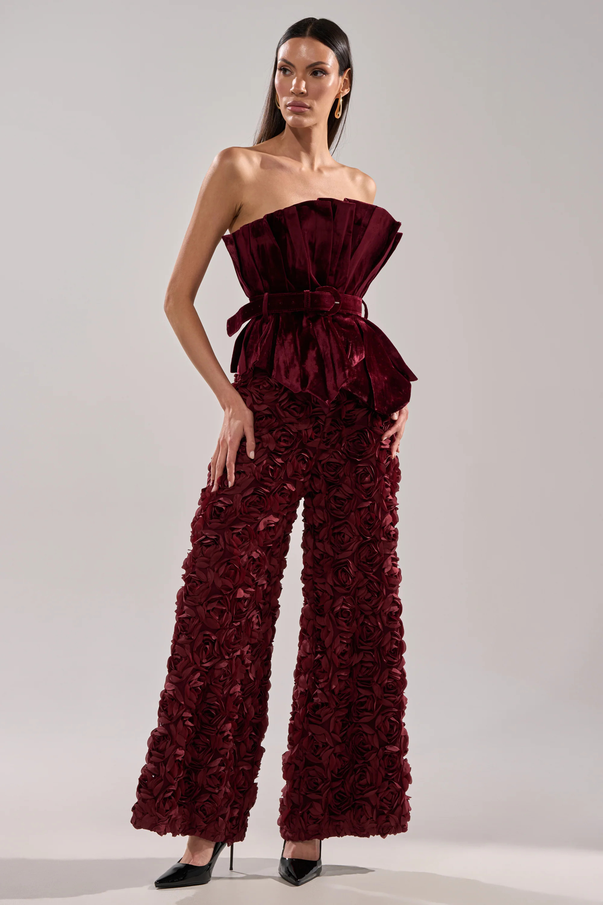 ROSE PETALS WIDE LEG TROUSER IN BURGUNDY | AKIRA