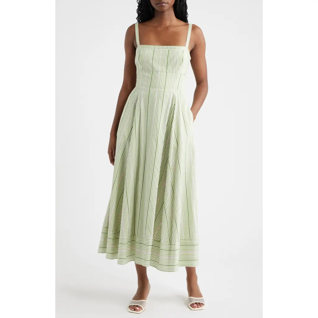 Hill House Home The Margot Stripe Fit & Flare Midi Dress in Green Jacquard Stripe at Nordstrom, Size Small | Nordstrom