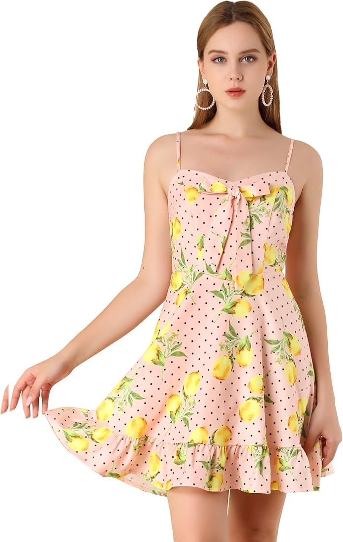 Allegra K Women's Ruffle Bow Knot Mini Sundress Lemon Spaghetti Strap Dress | Amazon (US)
