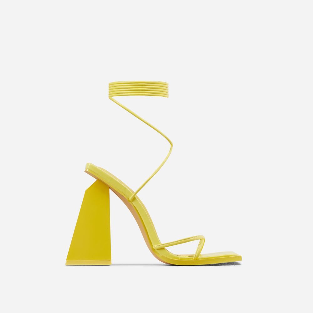 Vara Lace Up Square Toe Cut Out Statement Block Heel In Yellow Faux Leather | EGO Shoes (US & Canada)