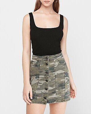 High Waisted Button Front Camo Denim Mini Skirt | Express