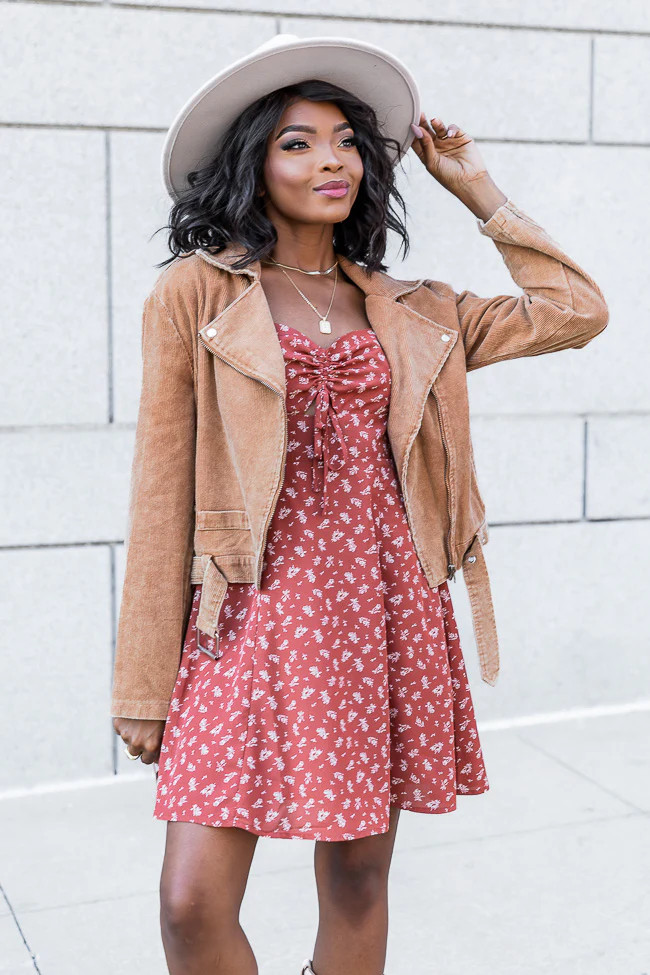 Dreaming Of You Acid Wash Brown Corduroy Moto Jacket | Pink Lily