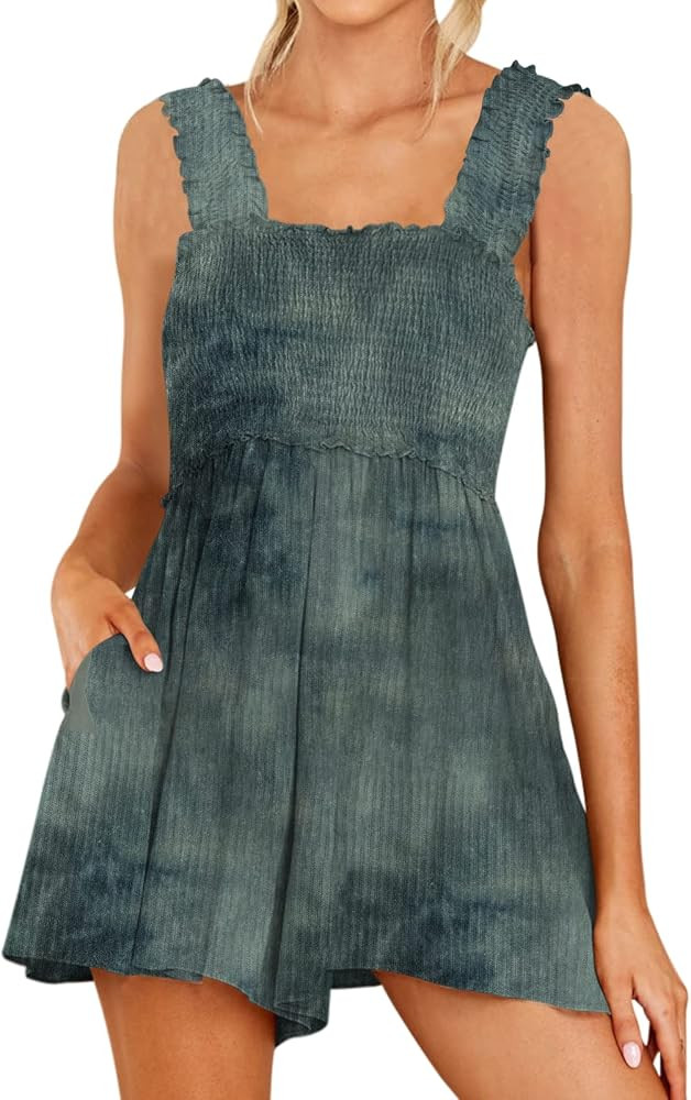 DEEP SELF Women Summer Sleeveless Romper Square Collar Ruffle Straps Flowy Short Jumpsuit with Po... | Amazon (US)