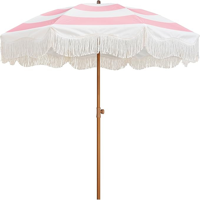 AMMSUN Boho Fringe Umbrella Outdoor Patio, 6.5ft UPF50+ Picnic Umbrella with Tassels with Steel P... | Amazon (US)