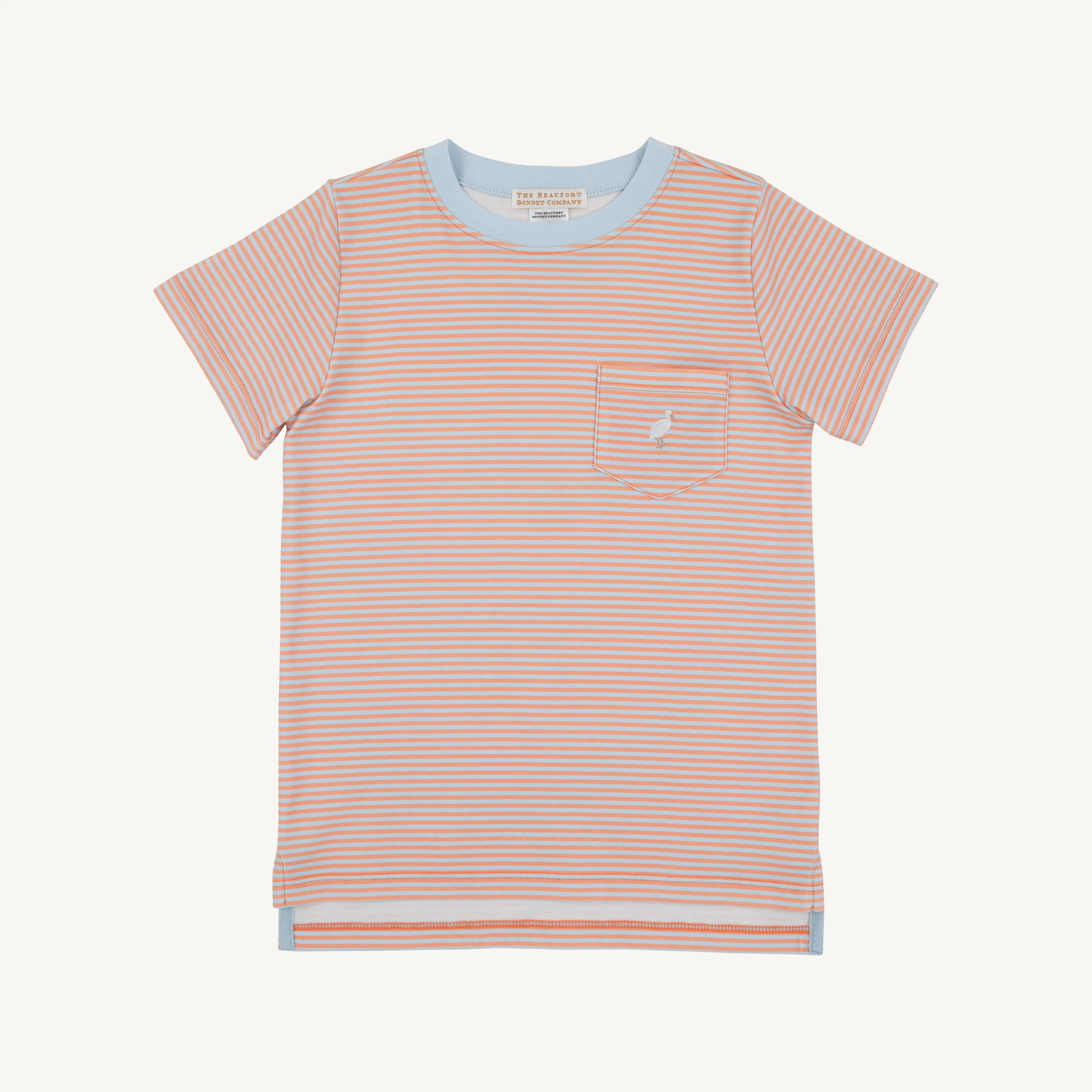 Carter Crewneck - Seashore Sherbet & Buckhead Blue Stripe with Multicolor Stork | The Beaufort Bonnet Company