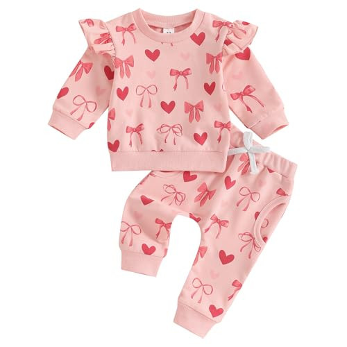Lesimsam Toddler Baby Girl Valentines Outfit Heart Bow Print Ruffle Long Sleeve Sweatshirt Top and Pants 2Pcs Outfit Set (Pink, 2-3T) | Amazon (US)