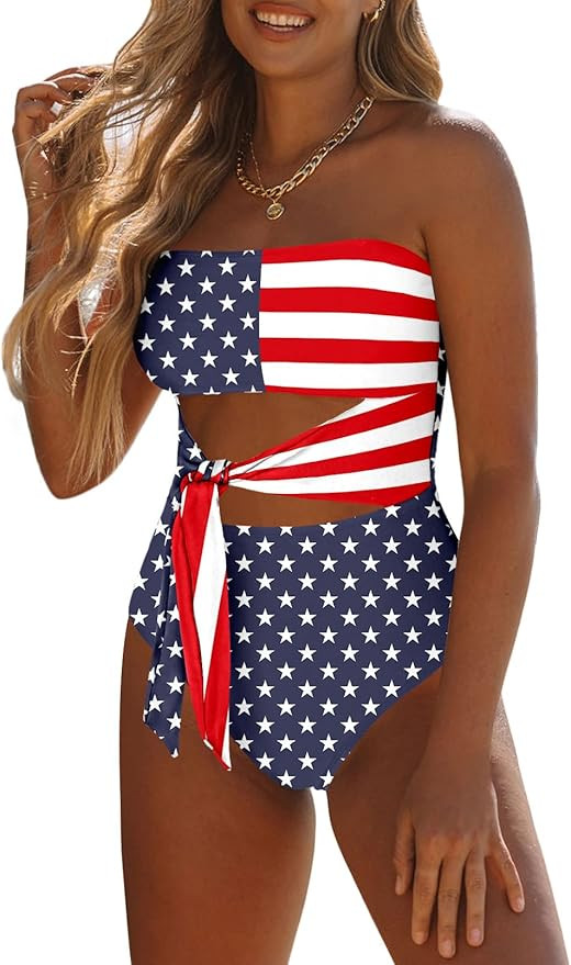 Viottiset Women's Bandeau One Piece Swimsuit Strapless Tie High Cut Out Bathing Suit | Amazon (US)