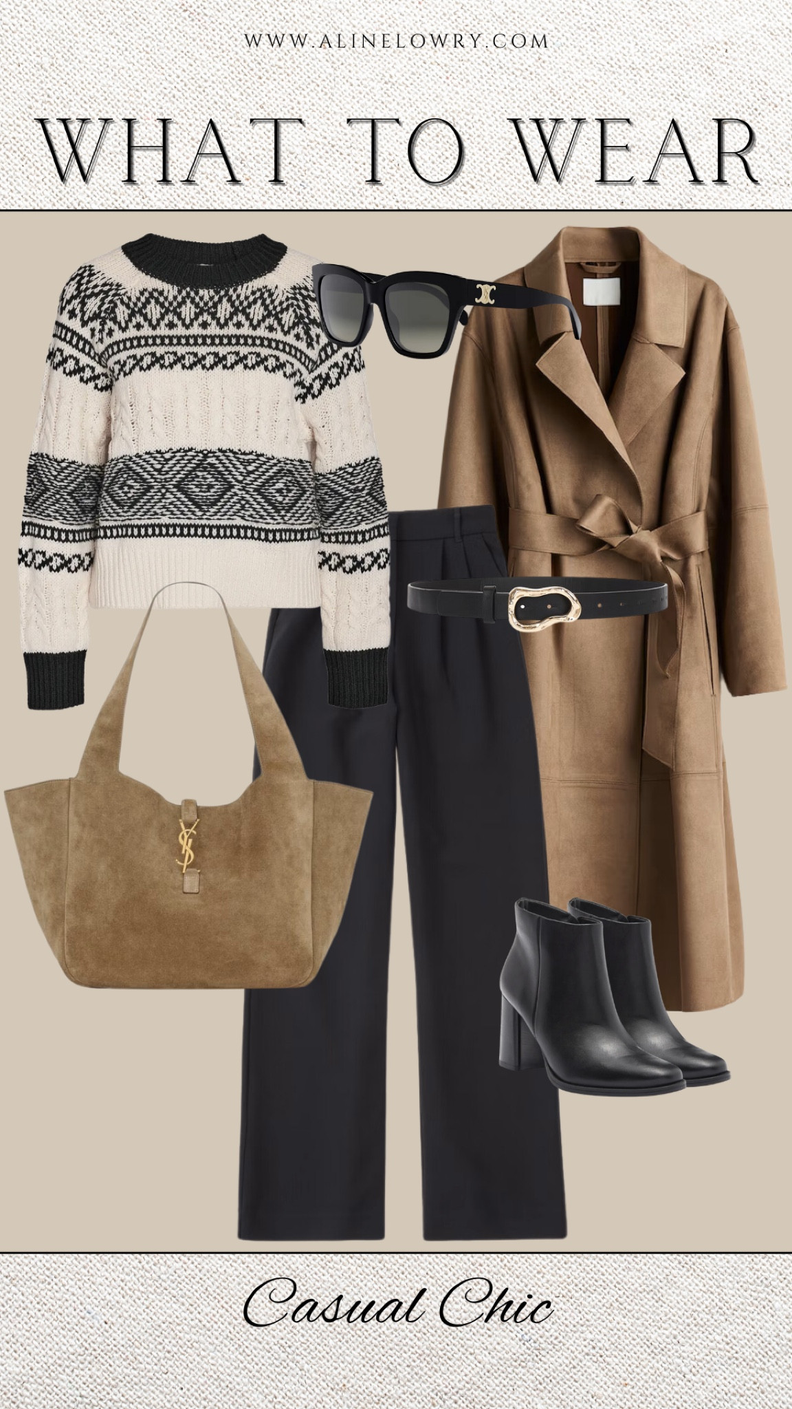 What to wear casual chic winter outfit idea. Suede brown coat, alpine winter sweater, black trousers, black leather boots, suede tote bag 

#LTKStyleTip #LTKSeasonal #LTKU