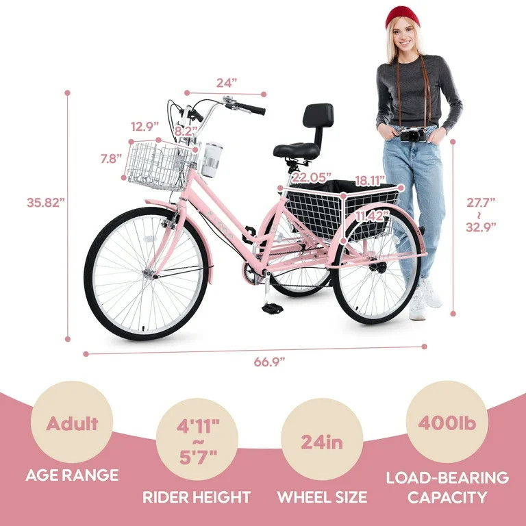 Bstjewey Adult Tricycle, 7-Speed 3-Wheel Cruiser Bike with Large Basket and Backrest Seat | Walmart (US)