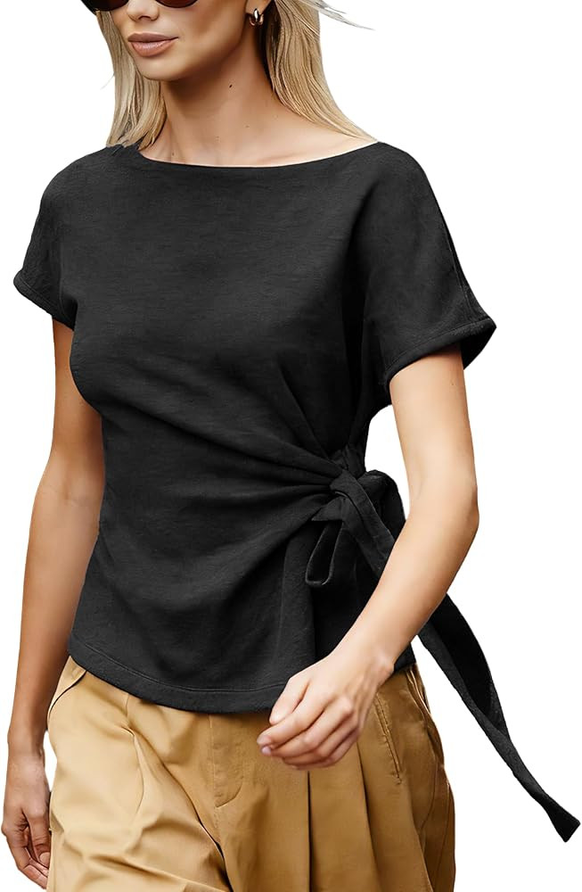 Womens Short Sleeve Knit Top Crewneck Tied Knot Tunic Wrap Tops Knit Pullover | Amazon (US)