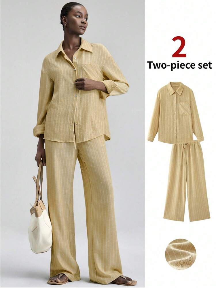 Ontre 2026 New Spring/Summer Women's Valentine's Day Business Casual Minimalist Fashion Commuter Striped Fabric Yellow Woven Fabric Long Sleeve Shirt And Wide Leg Pants Two Pieces Suit, Women's Elegant Set | SHEIN