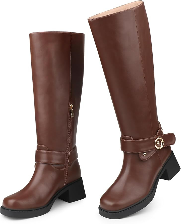 Women's Knee High Boots Chunky Low Heel Long Boots Side Zipper Riding Motorcycle Boots Square Toe... | Amazon (US)