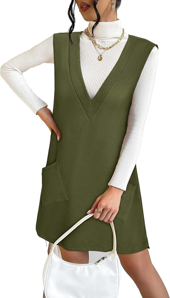 VETIOR Winter Women's Overall Sweater Vest Dresses V Neck Sleeveless Winter Pinafore Dress with P... | Amazon (US)