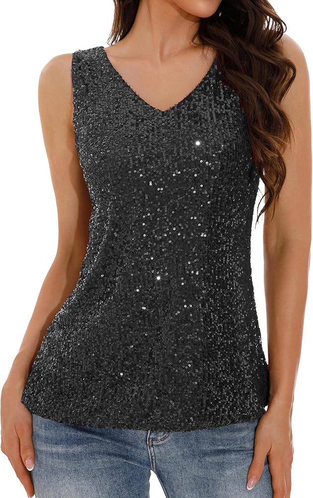 GUANYY Women's Sequin Tank Tops V Neck Sleeveless Sparkly Dressy Blouse Loose Fit Glitter Party C... | Amazon (US)