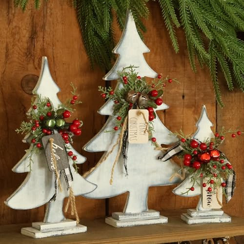 Set of 3 Wooden Christmas Tree Decor with Jute Jingle, Farmhouse Festive Decorations for Home, Christmas Table Decor with Rectangular Base (White) | Amazon (US)