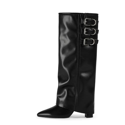 Modatope Black Fold Over Boots for Women Knee High Boots Women Pointed Chunky Heeled Tall Boots Long Boots Size 7.5 | Amazon (US)