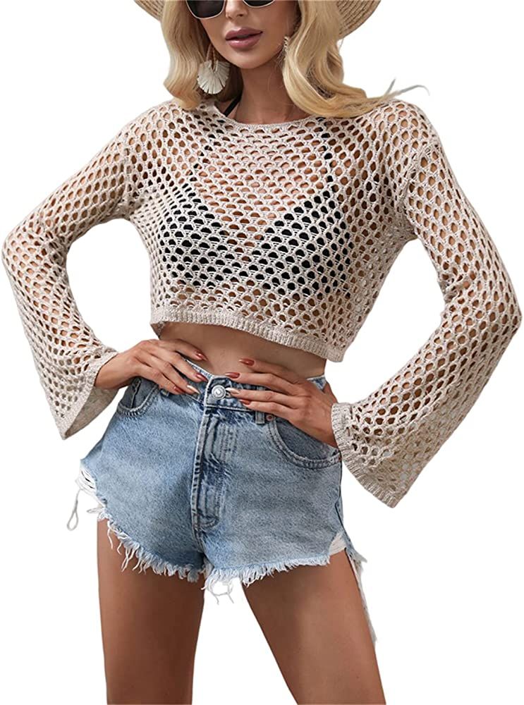 HOULENGS Crochet Cover Up for Women Mesh Sexy Swim Beach Cover Up Long Sleeve Knit Crop Top | Amazon (US)