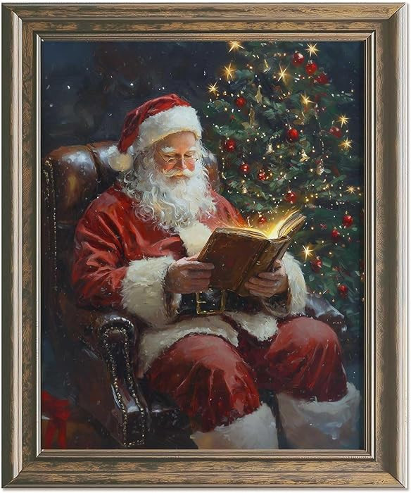 Santa Reading Book Print Christmas Oil Painting Vintage Christmas Wall Art Cottagecore Decor Libr... | Amazon (US)