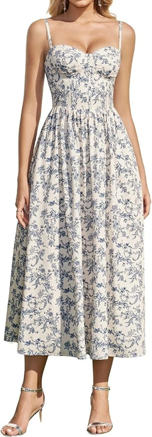 Parthea Summer Floral Corset Midi Dress Lace Spaghetti Straps Flowy A Line Casual Wedding Guest D... | Amazon (US)