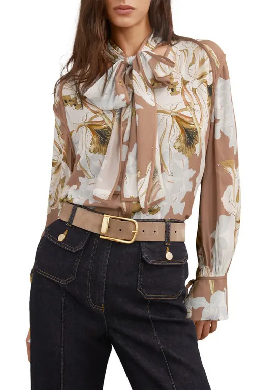 Reiss Maggie Tie Neck Floral Top in Pink/Ivory at Nordstrom, Size 2 Us | Nordstrom