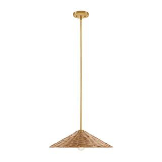 TUXEDO PARK LIGHTING 20 in. 1-Light Natural Brass Shaded Pendant Light with Natural Rattan Shade ... | The Home Depot