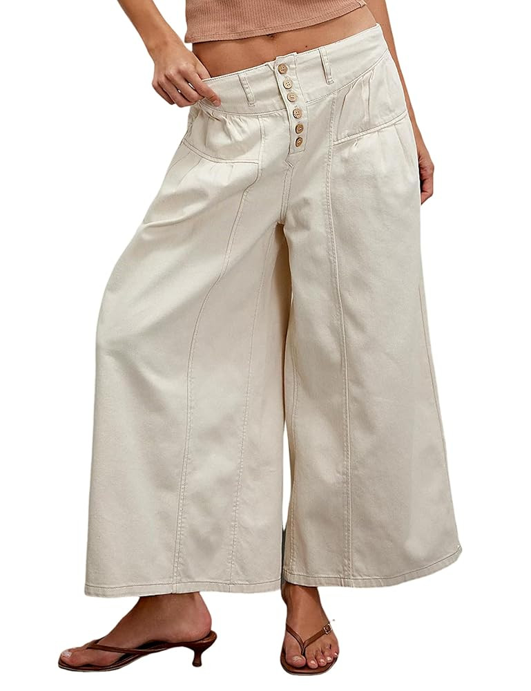 Lentta Women's Wide Leg Jeans Mid Rise Trousers Elastic Waist Button Pleated Demin Pants with Poc... | Amazon (US)