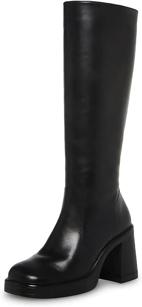 SOVANYOU Black Leather Boots Platform Boots for Women Square Toe Chunky Block Heeled Boots Side Z... | Amazon (US)
