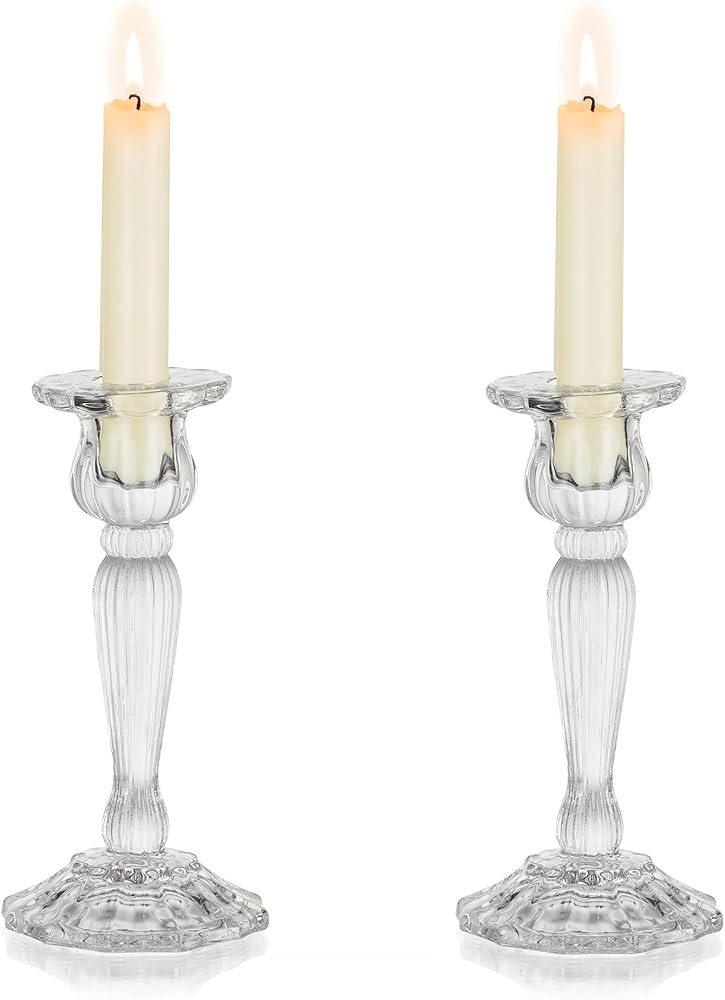 Nuptio Glass Candlestick Candle Holder Set of 2 Taper Candle Holder Clear Candle Holders for Cand... | Amazon (US)