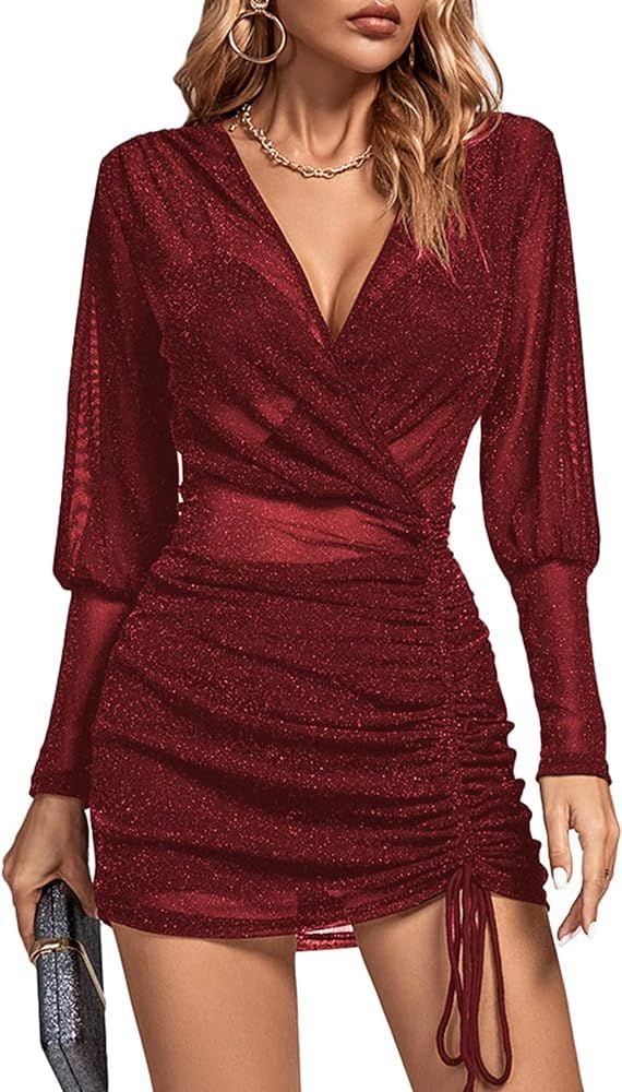 Rooscier Women's Sheer Mesh Glitter Wrap V Neck Long Sleeve Ruched Drawstring Bodycon Mini Dress | Amazon (US)