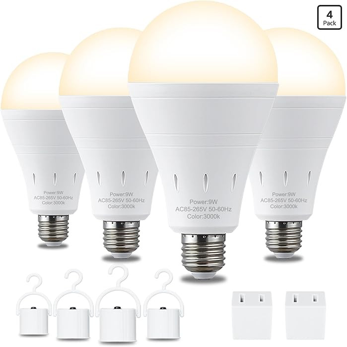 4 Pack Rechargeable Emergency Light Bulbs, Battery Powered LED Light Bulb 3000K Warm E26 120 Volt... | Amazon (US)
