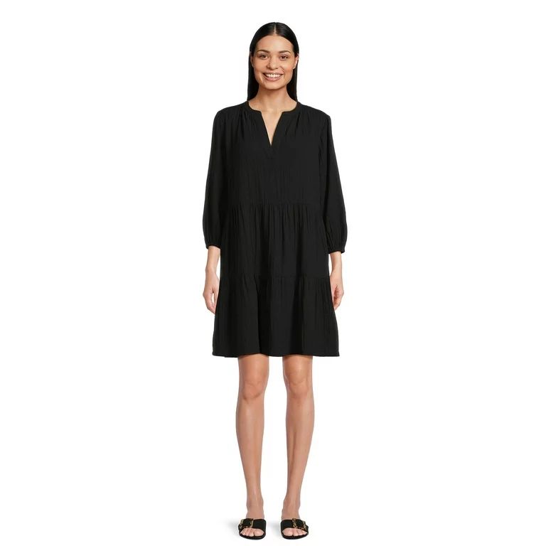 Time and Tru Women's Long Sleeve Tiered Double Cloth Dress, Sizes XS-XXXL | Walmart (US)