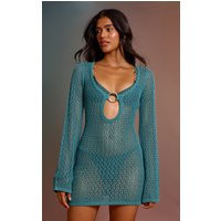 Mini robe de plage en maille style crochet bleu-vert à anneau, Bleu-vert | PrettyLittleThing (FR)
