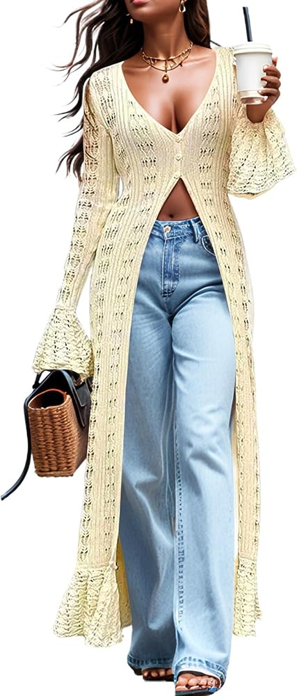 Cardigan Sweaters for Women Trendy Lightweight Crochet Long Duster Button Up Bell Long Sleeve Ruf... | Amazon (US)