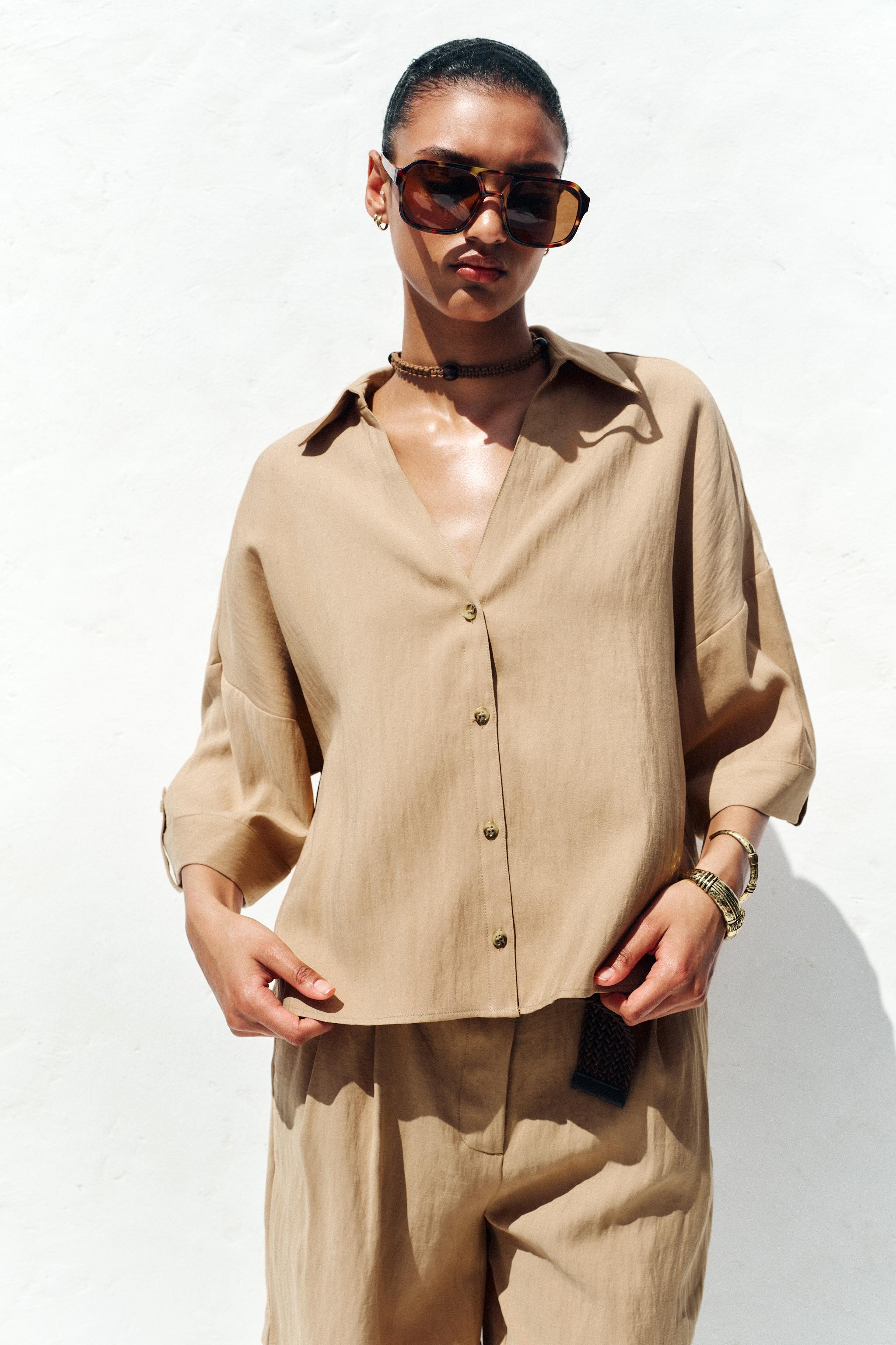 WIDE SHORT SLEEVE SHIRT Mid-camel Oyster-white | Zara UK