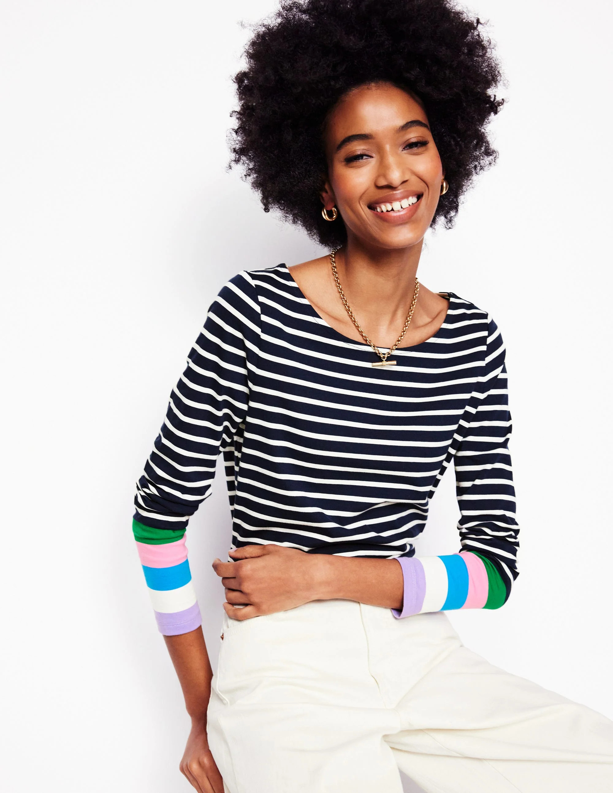 Ella Long Sleeve Breton-Navy Multi Cuff | Boden (US)