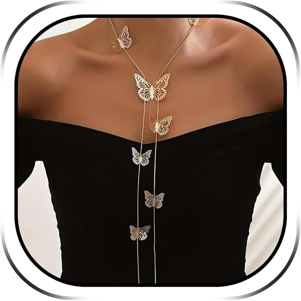 Long Gold Necklace for Women Butterfly Flower Chunky Lariat Y Shaped Dainty Statement Pendant Nec... | Amazon (US)