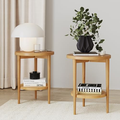 Nathan James Sonia Boho Round Accent End Table, Natural Sofa Side Table in Light Wood with Rattan Storage Shelf for Living Room, Bedroom or Nursery, Light Brown, Set of 2 | Amazon (US)