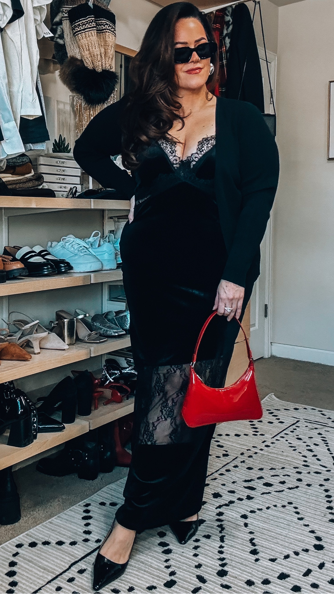 Midsize date night outfit idea- valentines outfit - maxi dress- winter wedding guest dress 

Satin undies Spanx xl (taryntrulyxspanx) 
Push up bra size 38dd (skims) 
Dress river island size 14 runs roomy 
Cardigan 2 button xl
Sling backs tts Sam Edelman 
Lumi glowtion medium 
Gxve beauty shadow color twinkle 
Eyeliner maneater tarte 
Mascara rare beauty 
Blush is hourglass pallet 
Patrick ta blush brush 
Lip liner up and down tan makeup forever 
Lipgloss hot cherry fenty heat 
Setting spray hourglass veil 
Earrings large silver hoops 
Red handbag (mango)

#LTKSeasonal #LTKmidsize #LTKparties